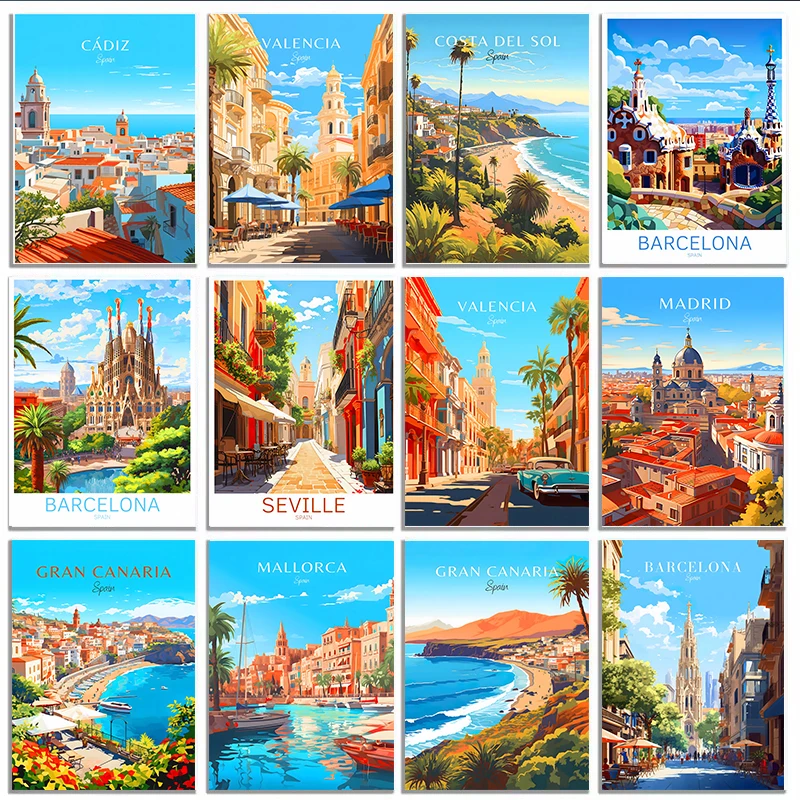 Spanien Reise Paris Gran Canaria Barcelona Madrid Granada Poster Diamantmalerei Wandkunst Bild für Wohnzimmer Heimdekoration