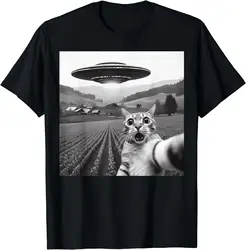 funny Short Sleeve Tshirt Streetwear Cat Selfie With Alien UFO Funny Cat Gifts For Men Women Kid T-Shirt Short Sleeve Tops Tees
