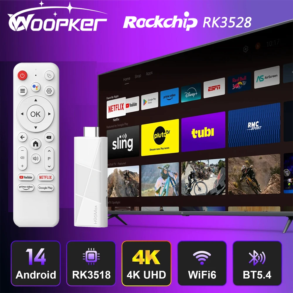 Woopker H96 MAX RK3518 Mini TV Stick Android 14 ATV Smart TV Stick Wifi6 BT5.4 دعم 4K Google Voice مشغل الوسائط عن بعد 2025