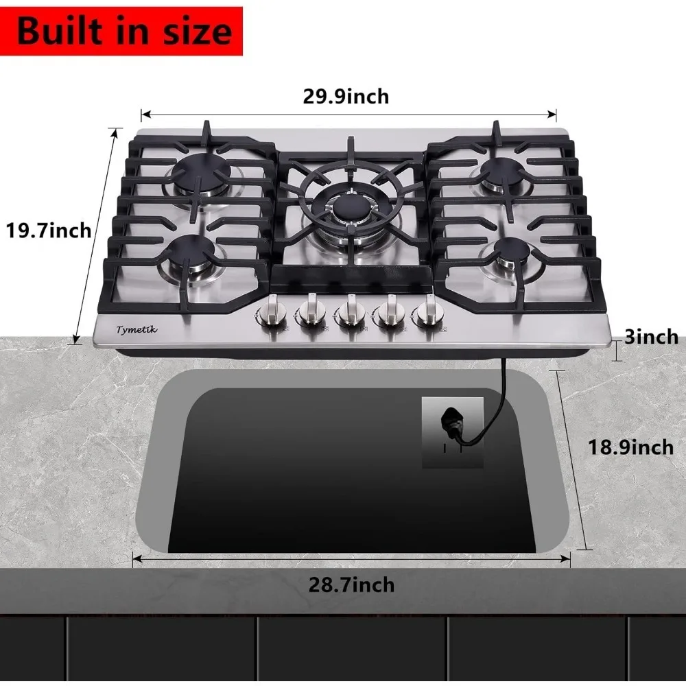 Газовая варочная панель 5, высокоэффективные горелки, газовая плита, нержавеющая сталь, встроенная газовая плита, конвертируемый пропан/натуральный газ