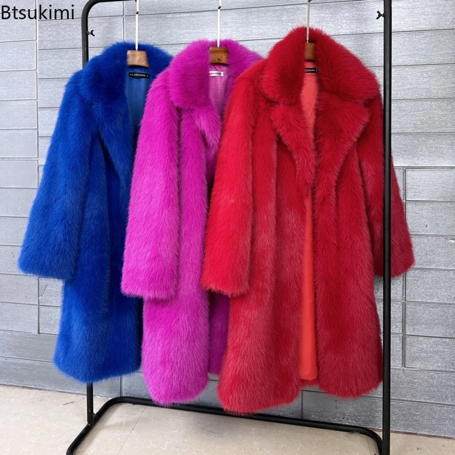 2026 Winter High Quality Faux Fur Luxury Long Coats Women's Fashion Suit Collar Overcoat Thicked Warm Female Solid Plush Jackets