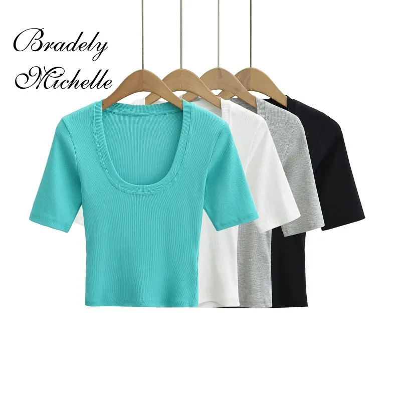 Summer U-collar Solid Women Mid-Sleeve Tops Sexy Pullover Blouses T-shirt