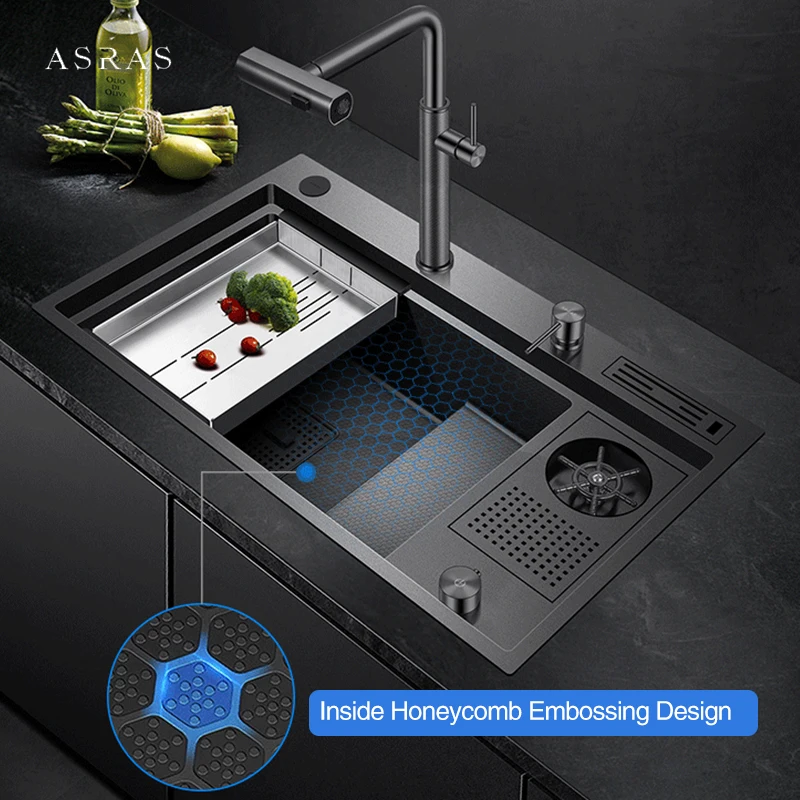 ASRAS 7948NX Large Size Cup Rinser Island Sinks Nanometer Honeycomb Embossing 4mm Panel Handmade Step Cup Kitchen Sinks