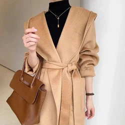 2024 Autumn New Wool Jacket  Hooded Woolen Coat Women Water Ripple Cashmere Coat Female Casual Lace-up Loose Wool Coat Classic