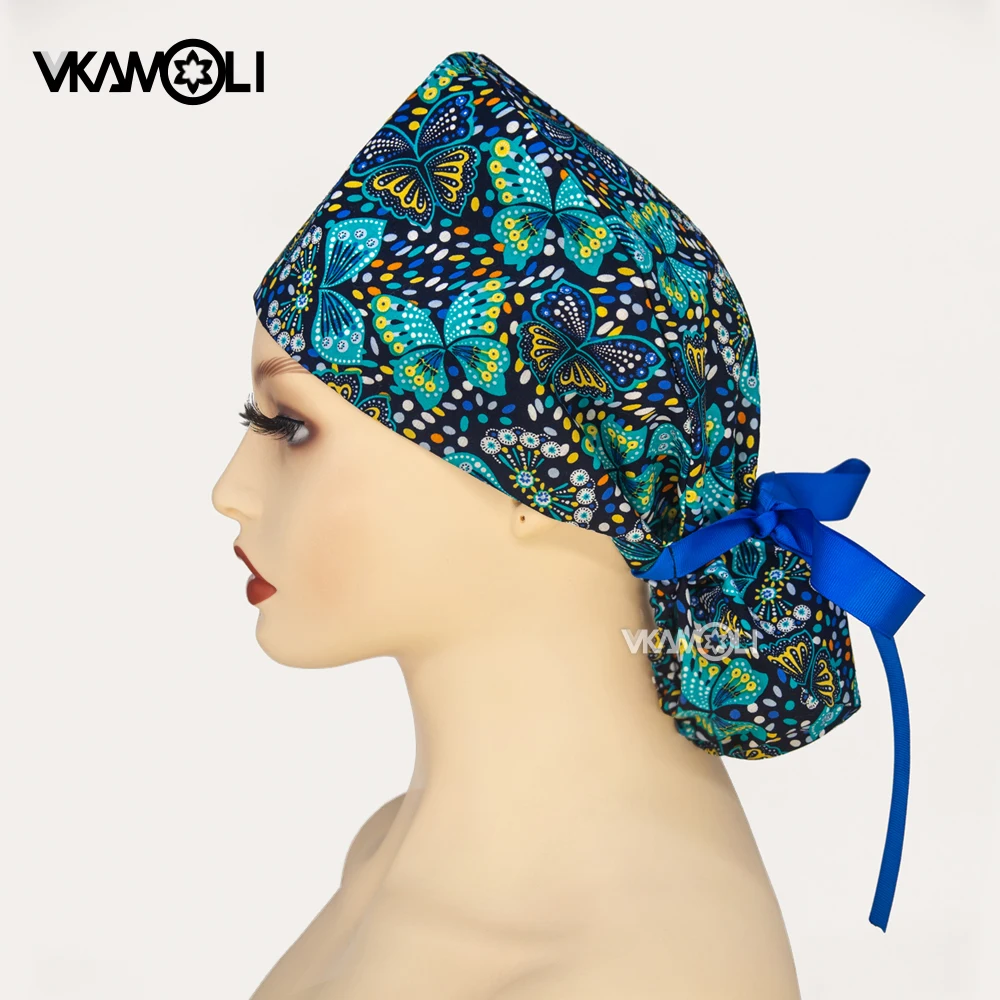 

Green butterfly printed long hair cap for doctors and nurses to prevent dust ponytail cap