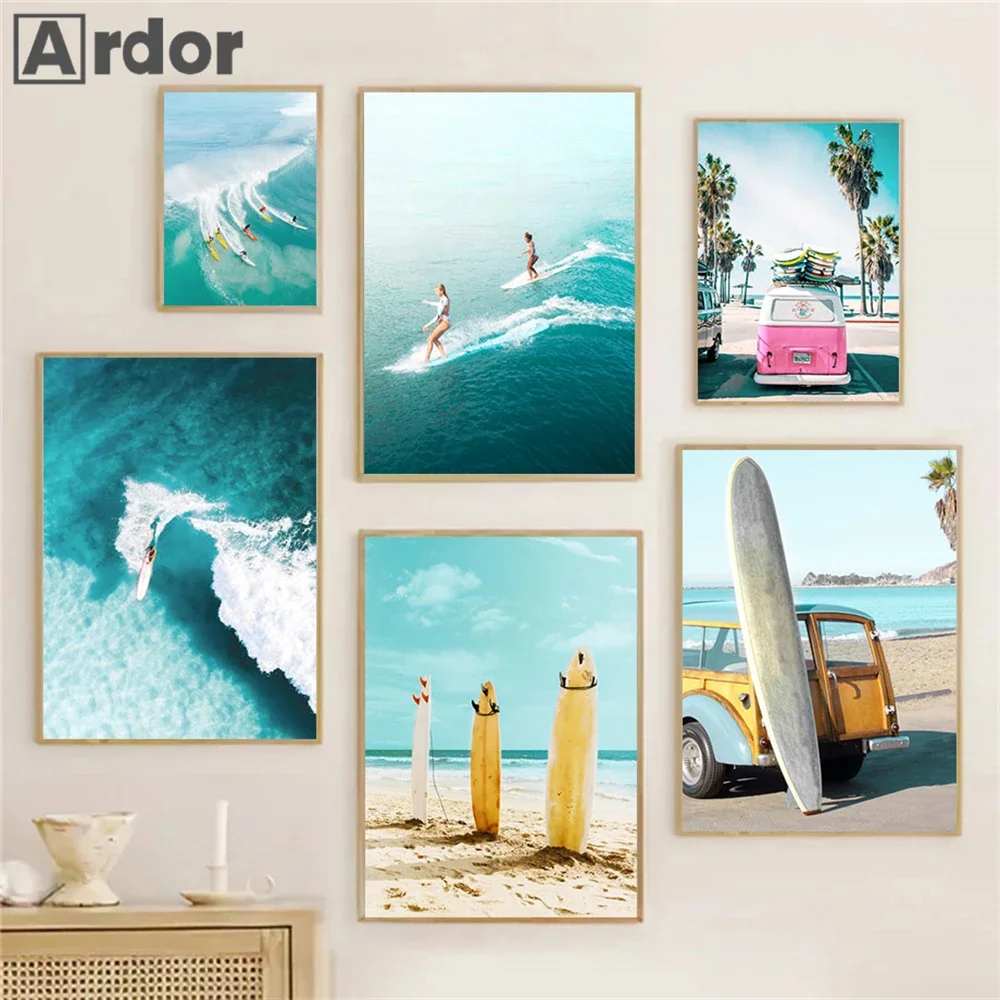 Nordic Sea Poster Summer Beach Surfing Swimming Posters Diamond Painting Bus Surfboard Wall Art Print Pictures Living Room Dec