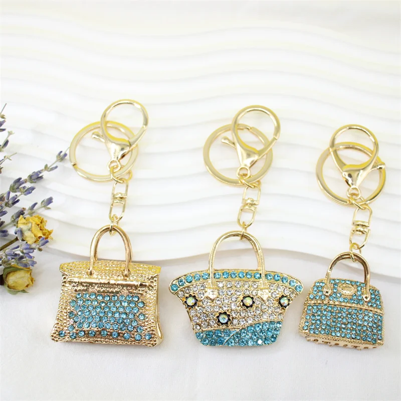 

Exquisite Charm Fashion Bag Keychain Blue Handbag Shaped Key Chains Crystal Rhinestone Car Keyring Pendant Female Gift