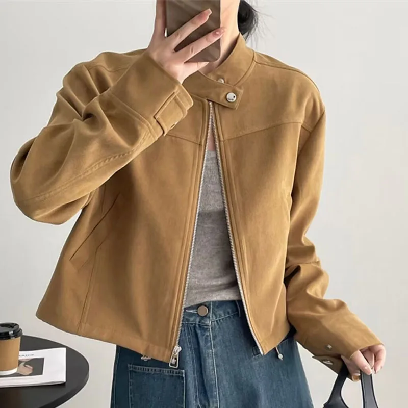 

Retro New Ladies Fashion Loose Outwear Female Stand Collar Short Leisure Jacket Autumn Women Long Sleeves Locomotive Tops Coat