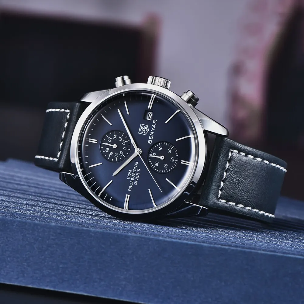 2024 neue Benyar Leder Herren Quarz Armbanduhren Luxusmarke m wasserdichte Herren uhr Militärs port Chronograph Uhr für Herren