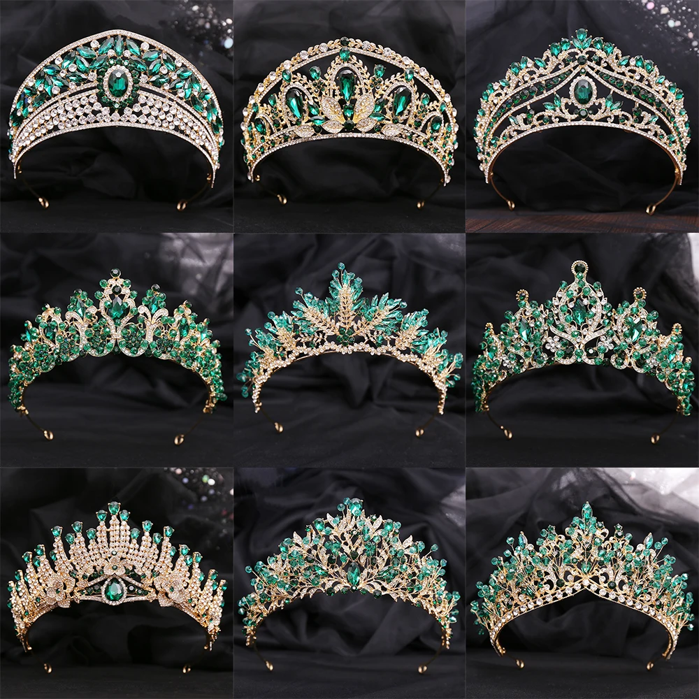 Green Crystal Crown Gold Color Tiaras and Crowns for Women Accessories Rhinestone Hair Jewelry Party  Headpiece Bridesmaids Gift