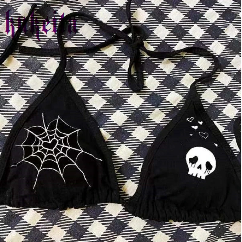 Gothic Grunge Punk Skull Spider Web Print Sexy Crop Tops  Women Bralette Top Y2K Harajuku Female Lace-Up Camis Bra Tank Tops