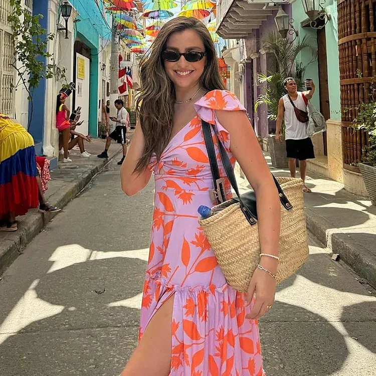 One Piece Swimsuit For Women European And American Swimwear V-neck Ruffle Edge Seaside Vacation Printed One-piece Swimsuit