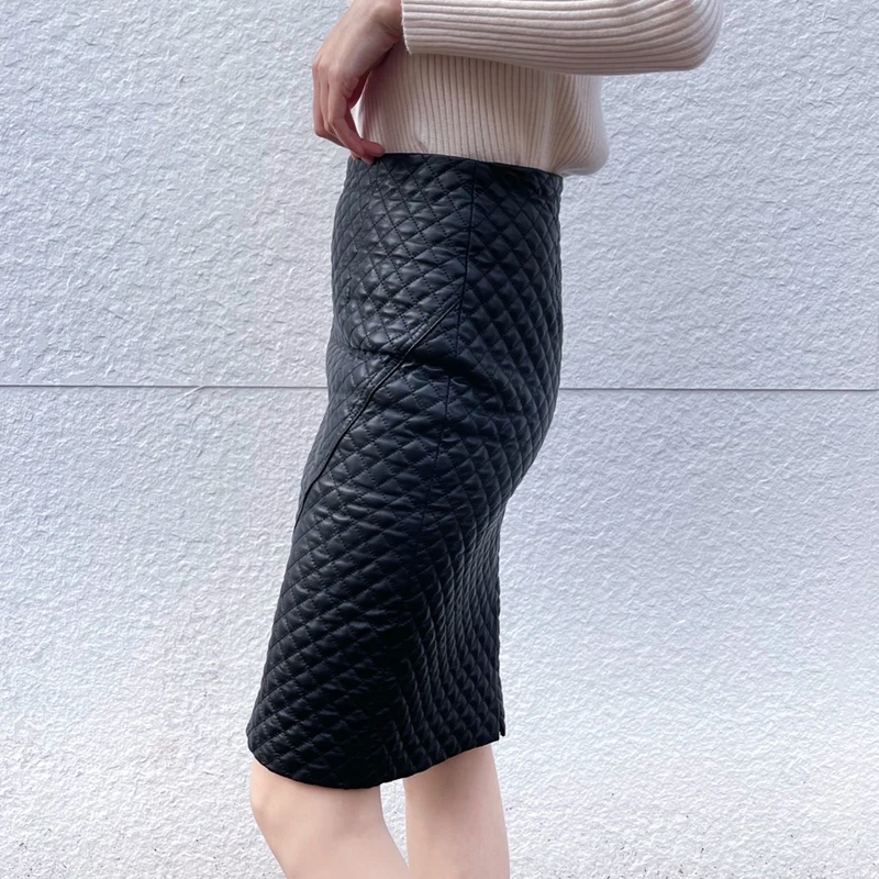 New Women Genuine Leather Skirt Knee-Length Female Slit Sewing High Waist Jupe Mujer Straight Mid-Length Chic Faldas lattice