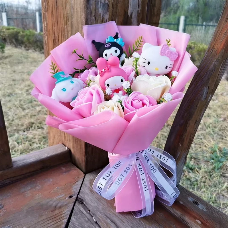 Anime Kuromi My Melody Cinnamoroll Hello Kitty Rose Flower Cartoon Plush  Bouquet Valentine's Day Christmas Graduation Gift
