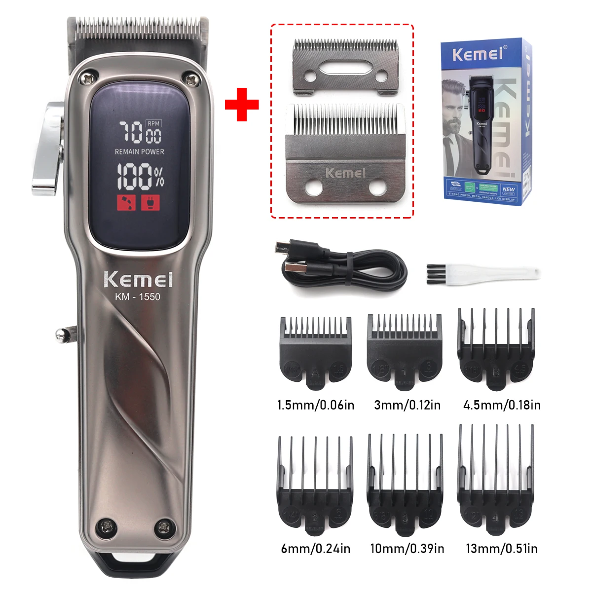 Kemei KM-1550 profesjonalna maszynka do strzyżenia włosów dla mężczyzn wyświetlacz LED niski poziom hałasu bezprzewodowy interfejs USB ścinanie włosów maszyna trymer do włosów
