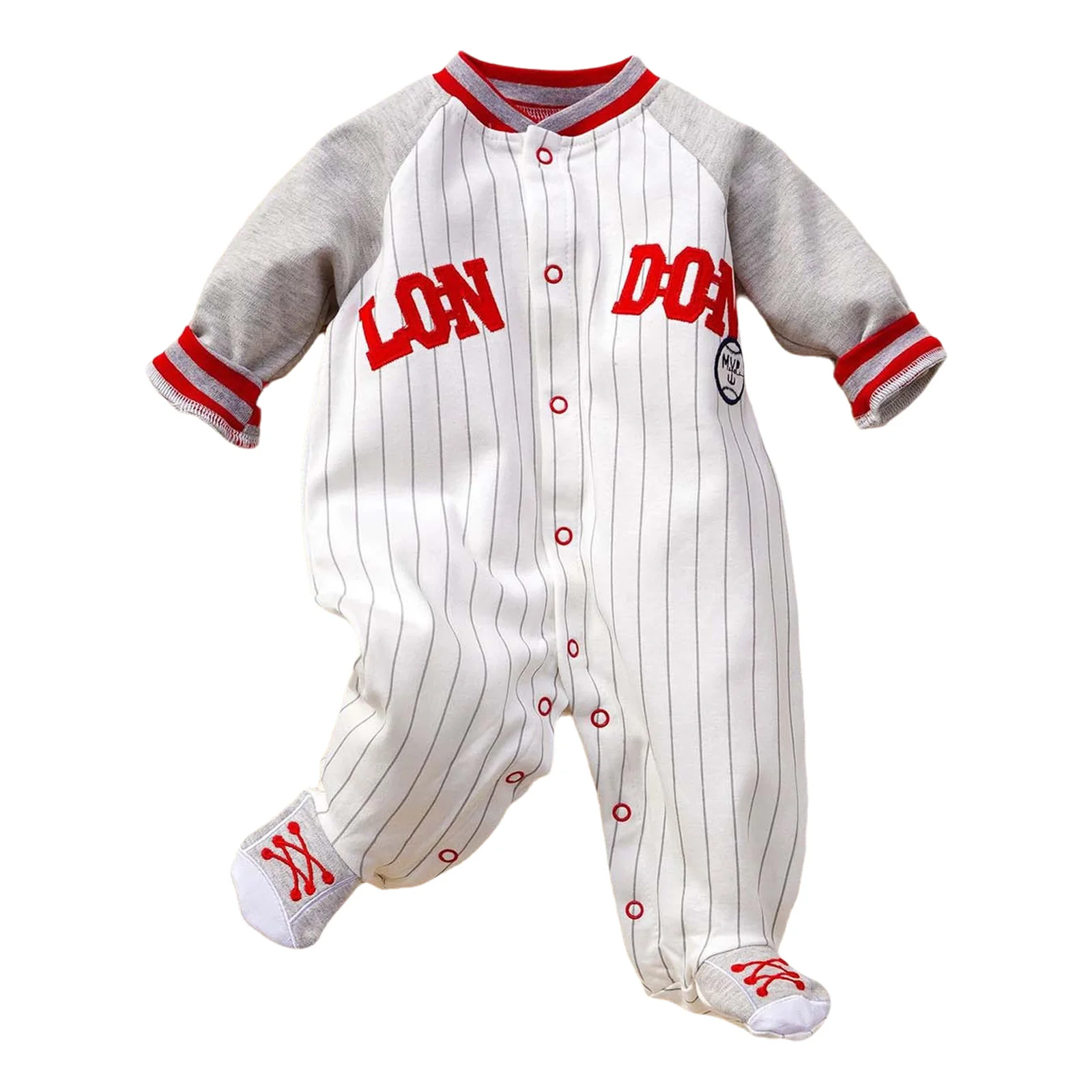 Newborn Baby Boys Girls Clothes Fashion Rompers Long Sleeve Letter Print Striped Footed Jumpsuit for Baseball Game Photography