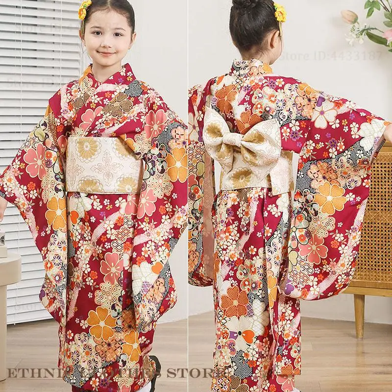 

Традиционное японское кимоно, платье для девочек, юката хаори Оби, халат с цветочным принтом, косплей, костюм для выступлений, новогодняя одежда