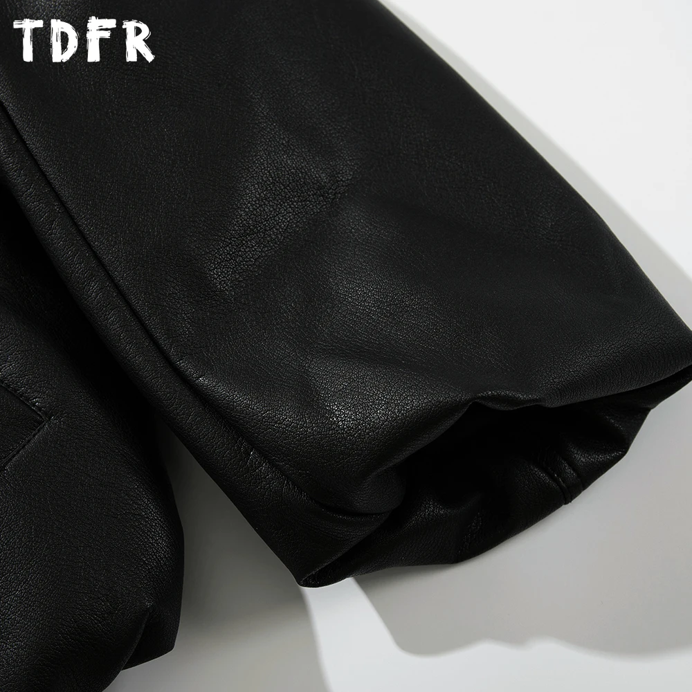 الرجعية بلون بولي Leather سترة جلدية رجالي شتاء عادية سميكة جيب التلبيب كم طويل مبطن سترة رجل