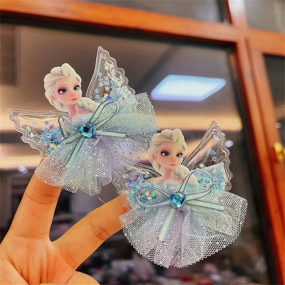 Frozen Children's Hair Accessories Cartoon Elsa Princess Mesh Bow Hairpin Headwear Girl Princess Tulle Skirt Clip Birthday Gift