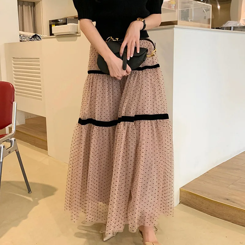 Women\'s Summer Casual Fashion Korean-Style High Waist Black All-Match Lace A- Line Skirt