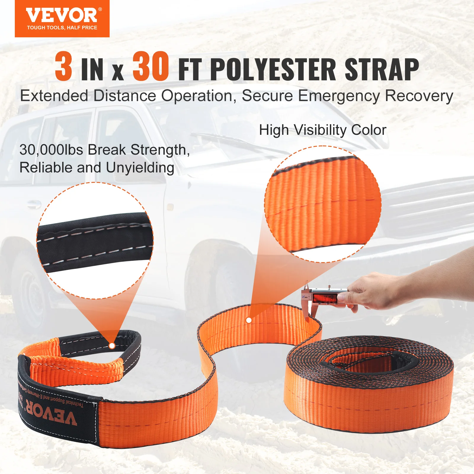 مجموعة استرداد ونش الطرق الوعرة من SucceBuy 3 بوصة x 30 قدم مع حزام سحب 30,000 رطل وقيود D-Ring 44,092 رطل ومستقبل لـ ATV سيارات الجيب - 2