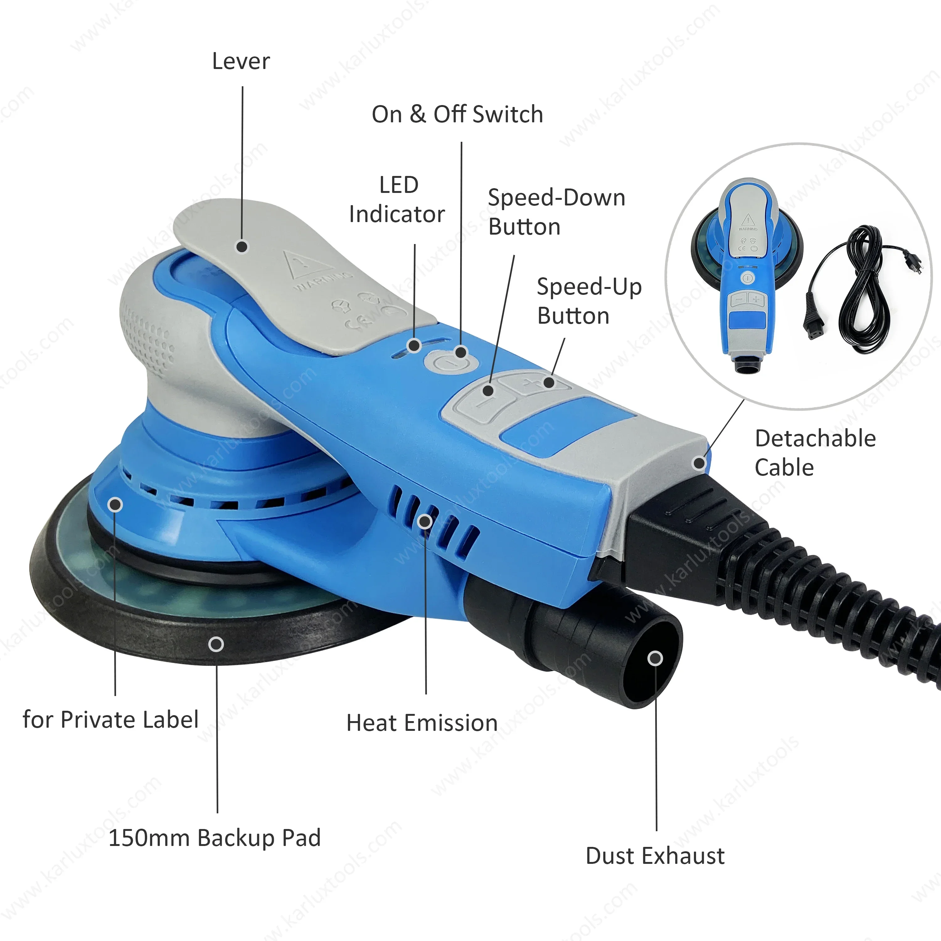 KARLUX ampelas pabrik alat amplas, 6 inci 150Mm 4,000-10,000Rpm kecepatan variabel tanpa sikat listrik Sander Orbital acak