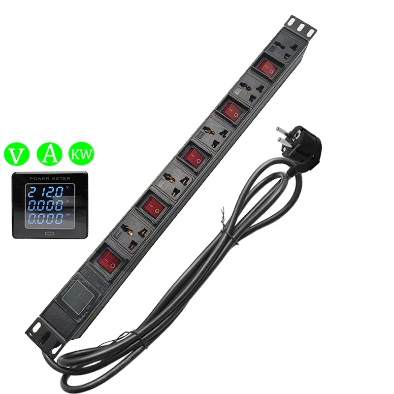 

Стойка для шкафа, 19-дюймовый PDU, независимый переключатель удлинителя, 5-позиционная универсальная розетка, цифровой дисплей, измеритель тока, напряжения, мощности