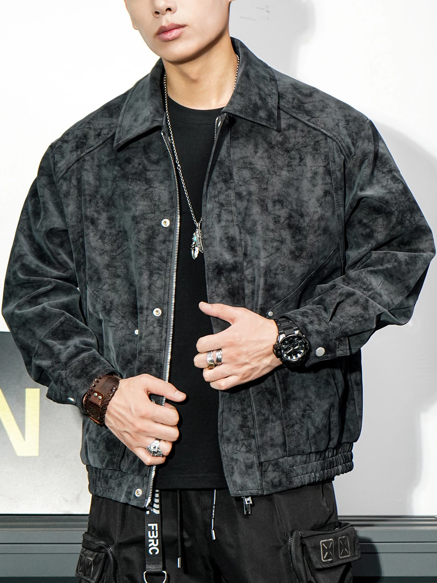 

American Retro Stand Collar PU Leather Jaet Men's Trendy Cool Sle Autumn Winter Outerwear Casual Loose Fit Zipper Closure