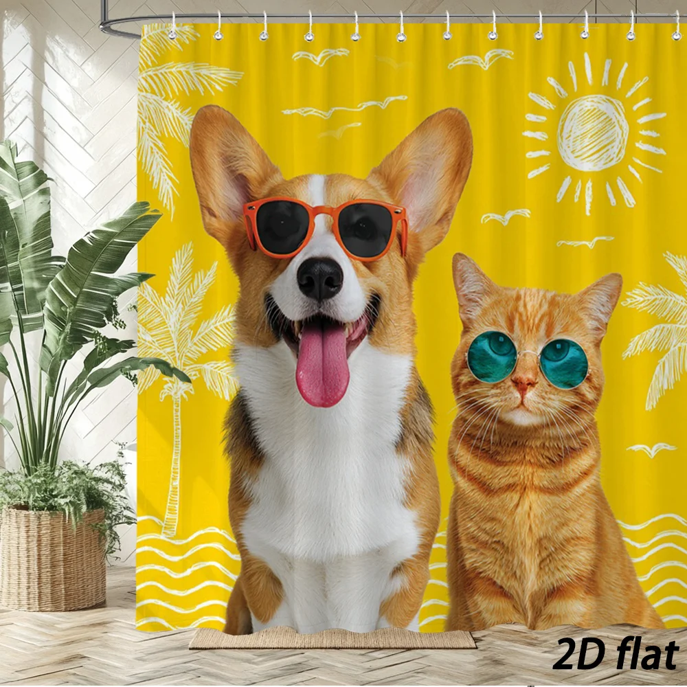 Bright Yellow Summer Beach Scene Cute Corgi Dog and Tabby Cat In Sunglasses Illustration Art Bath curtain Comfortable