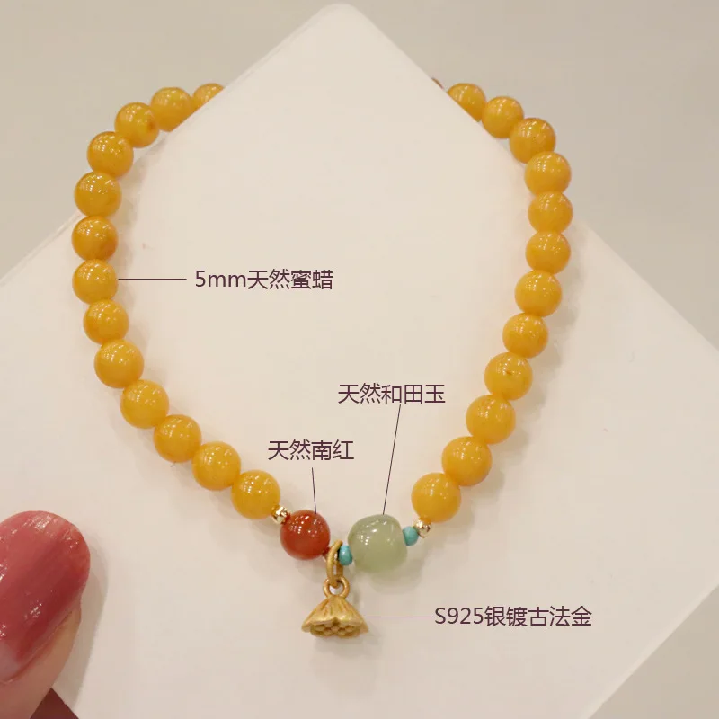 

Chicken Fat Yellow Beeswax 5mm Round Beads Bracelet 925 Silver Plated Ancient Gold Pod Women's Style