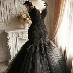Black Mermaid Wedding Dresses Lace Appliques V-neck Sleeveless Corset Gothic Wedding Gown For Bride Customized