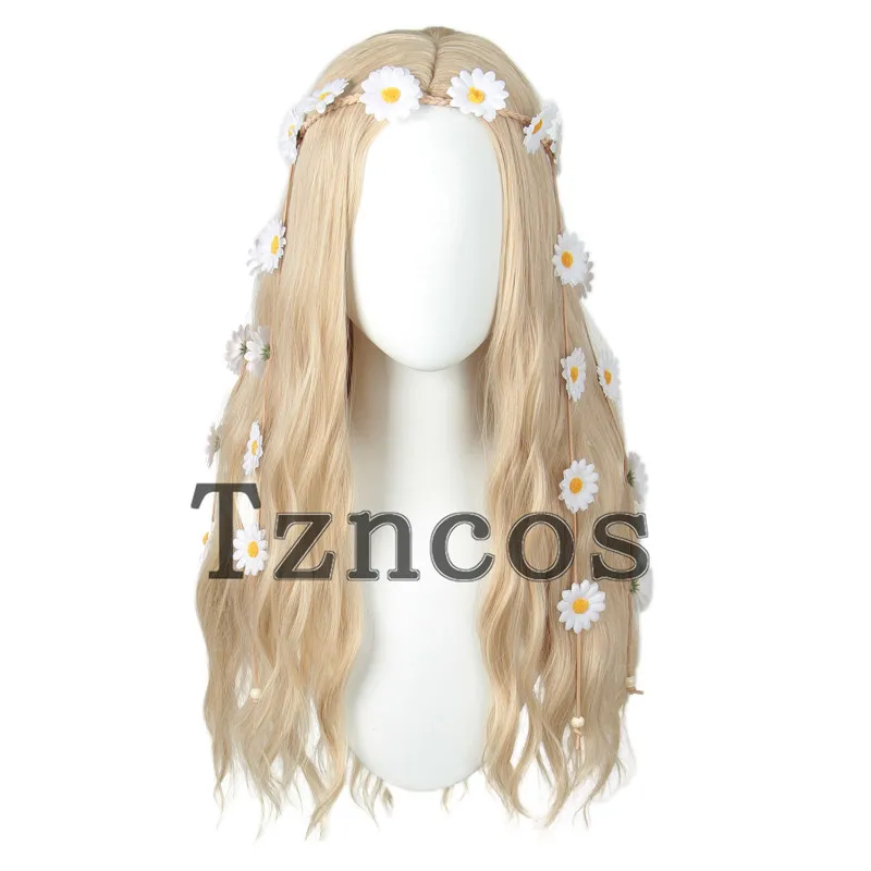 Tzncos Princess Flower Crown Headband Bride Cosplay Hippie Wig Light Wheat Long Wig Heat Resistant Synthetic Hair