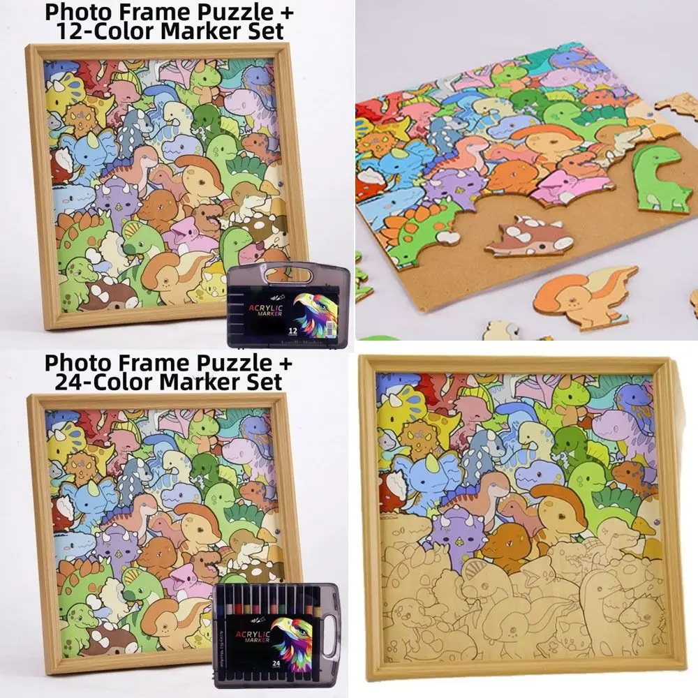 with Frame Pen Dinosaur Wooden Coloring Puzzle Paintable Jigsaw Photo Frame Paint Puzzle Coloring Craft Kits DIY Color