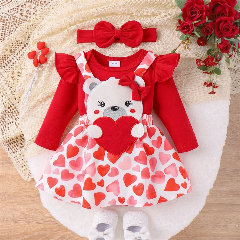 2023-11-09 Lioraitiin Newborn Baby Girls Valentine\'s Day Outfits Romper Bear Patch Heart Print Baby Suspender Skirts Clothes Set