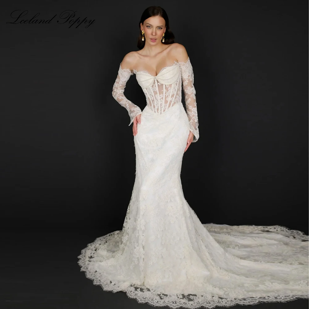 

Lceland Poppy Customized Strapless Lace Mermaid Wedding Dresses Beaded Full Sleeves Illusion Bridal Gowns with Chapel Train