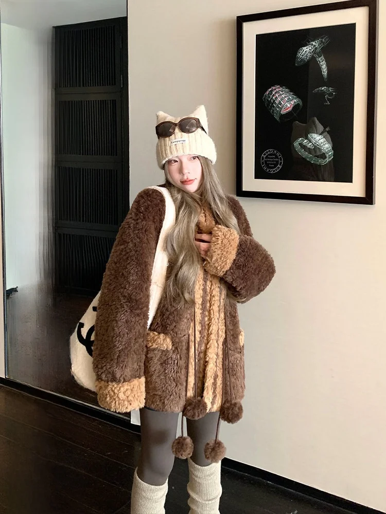 

Loose Women's Suede Fur Inteated Jaet Autumn Winter Design Sense Lamb Fur Lazy Top Commute Sle Long Sve Warm Outerwear