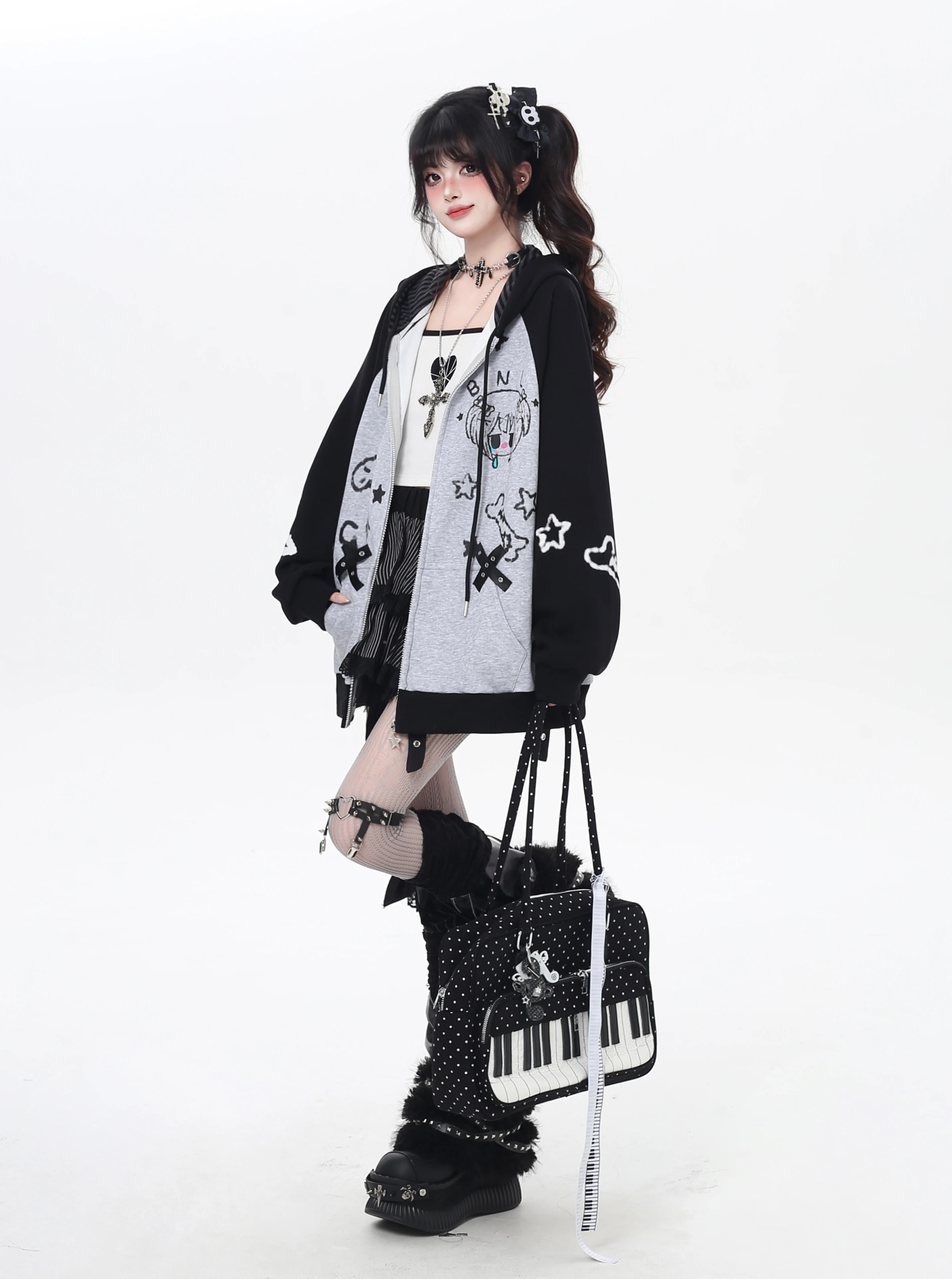 Cartoon Print Sweet Cool Girl Y2K  Zip-up Hoodies Tops Fashion Streetwear Lazy Casual Versatile Sweatshirts Jackets Women Autumn