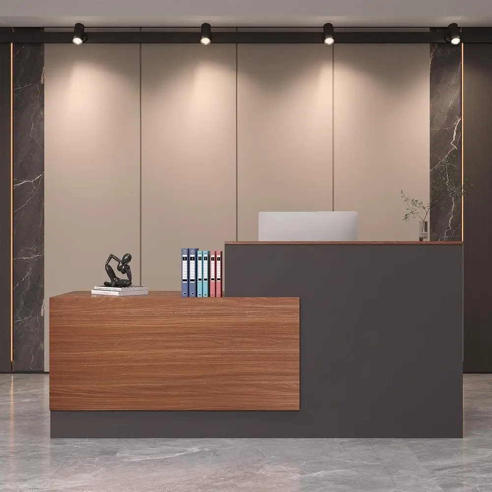 

Современный L-образный стол с местом для хранения, регулируемым шкафчиком для документов и выдвижной полкой для клавиатуры, идеально подходит для дома или офиса, отделка под орех/серый цвет