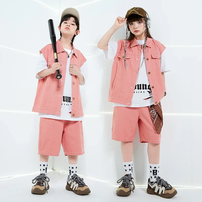 

Boys Pink Hip Hop Clothing Vest Tshirt Cagro Shorts Girls Streetwear Outfits Children Ballroom Costumes Kids Jazz Clothes Sets