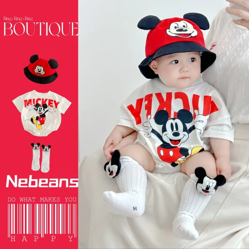 Summer Newborn Bodysuit Sock Hat 3pcs Set Cartoon Mickey Mouse Boys Girls Jumpsuit Infant Costume Short Sleeve Clothing K6182