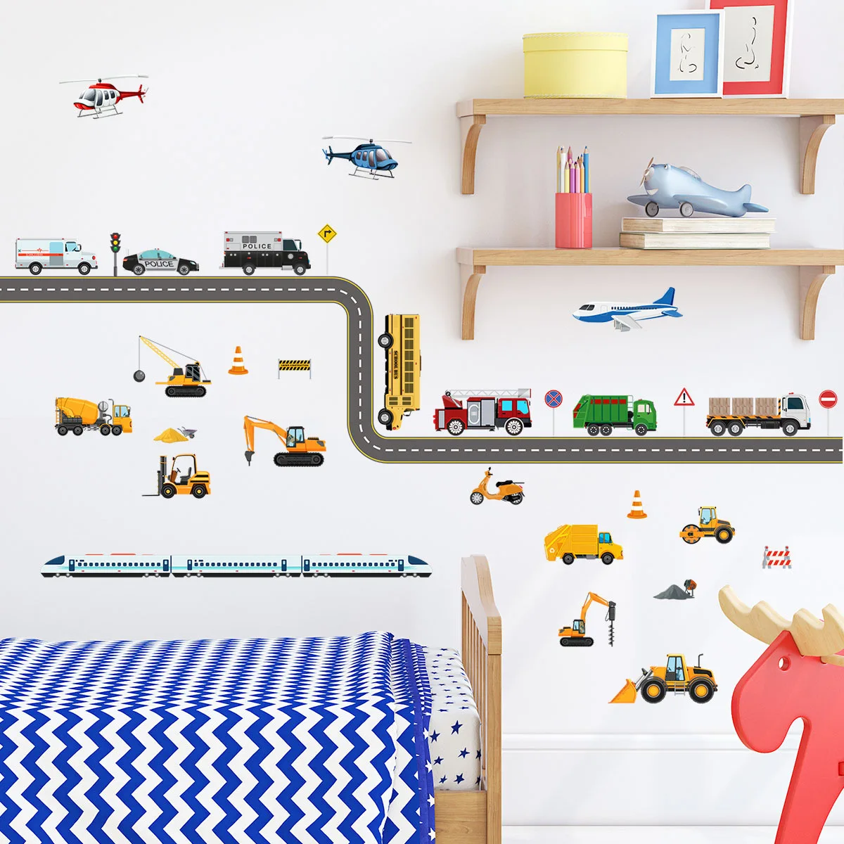 2pcs Car Cartoon Wall Sticker Aircraft Engineering Car Kindergarten Children\'s Room Bedroom Decoration Mural Pvc Wall Sticker