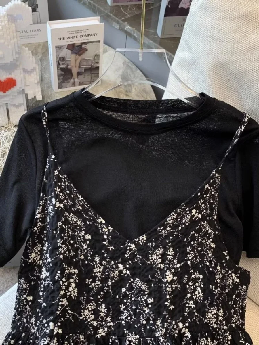 

Летний шифоновый комплект с цветочным принтом больших размеров и футболка с открытыми плечами, комплект из двух предметов, свободная женская одежда свободного покроя с реверсом