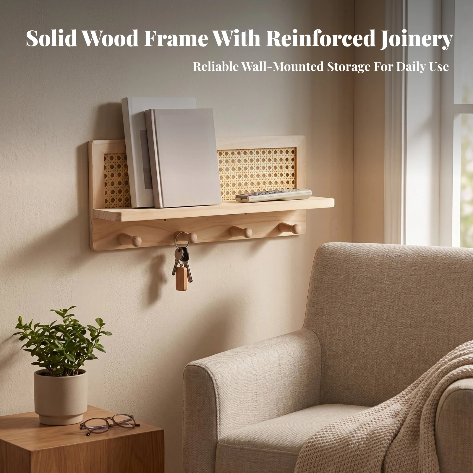 Wooden Wall Organizer Ventilated Wall-Mounted Storage Bin Wooden Storage Pocket Space-Saving Organizer with Hanging Rope