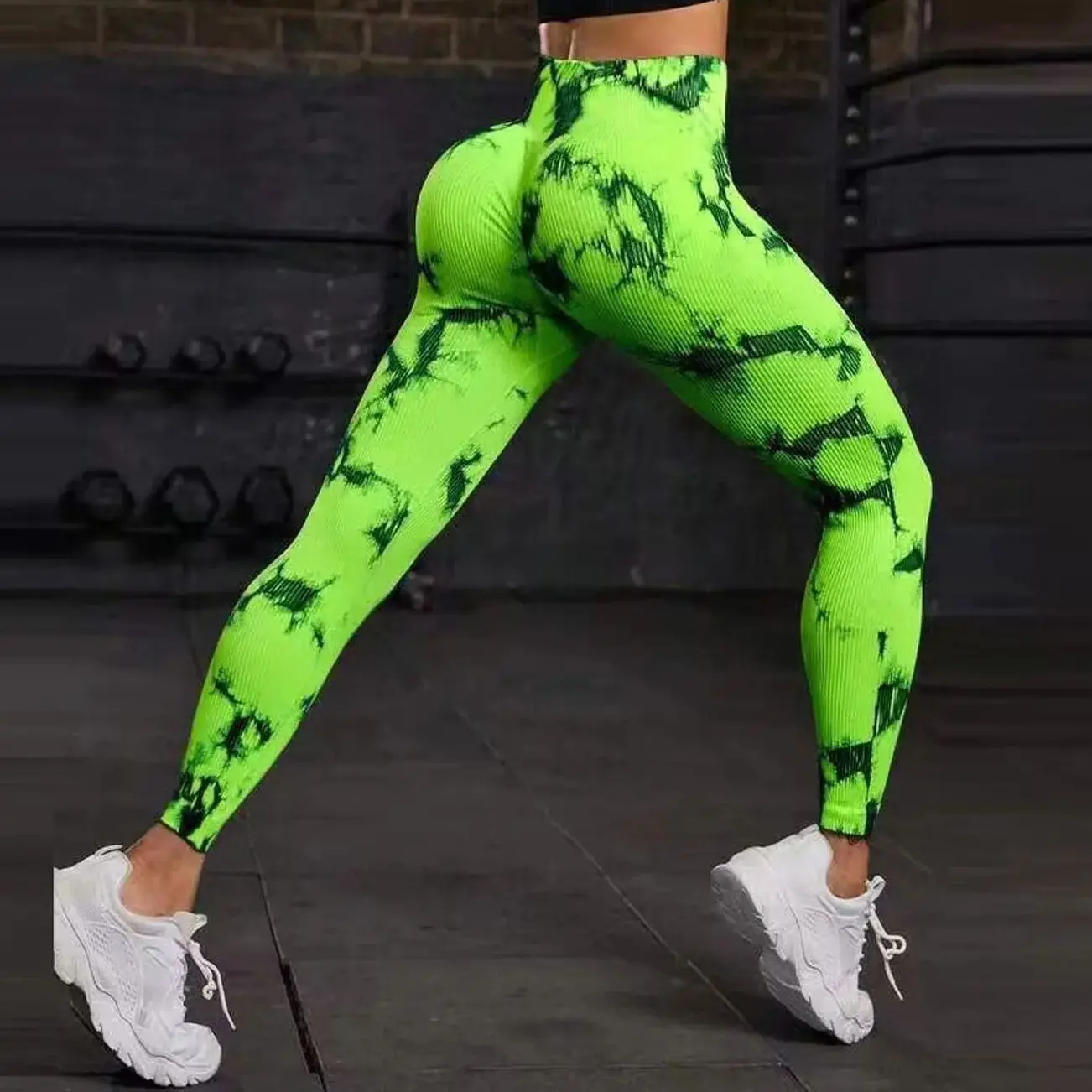 Women Knitted Leggings Tie Dye Gym Fitness Athletic Workout Elastic Leggins Yoga Pants Sports Training StripedTights Sportswear