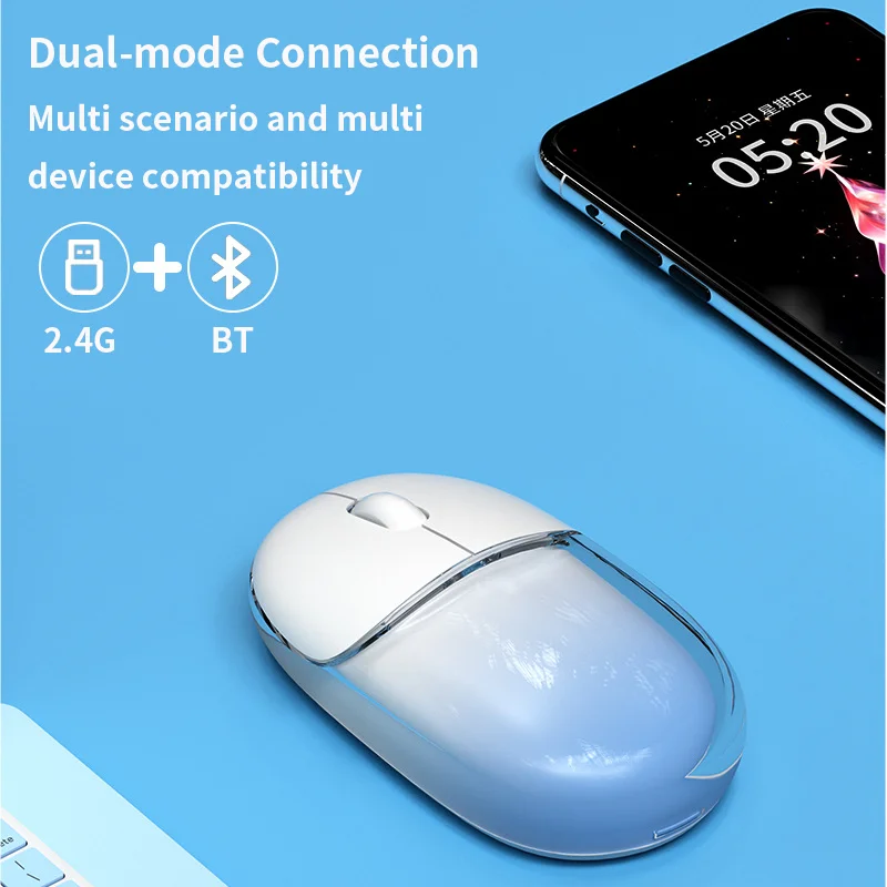Dual Mode Transparent Ergonomic Mouse Adjustable DPI 800-2400 Lightweight Long Battery Life Silent Buttons Mini Mice For Office