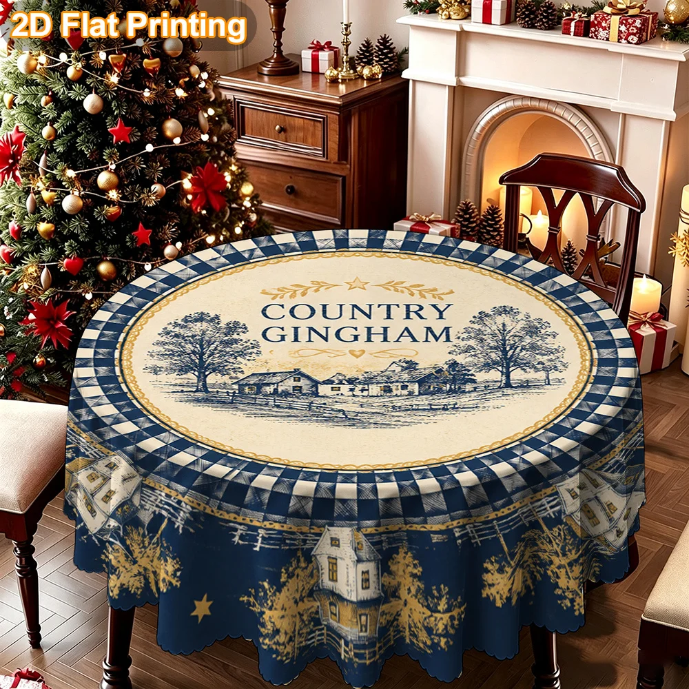 Tablecloth Christmas Gift 2D Flat. Pack of 1, Round Country Checked Village Scene Printed Tablecloth, Halloween Decoration