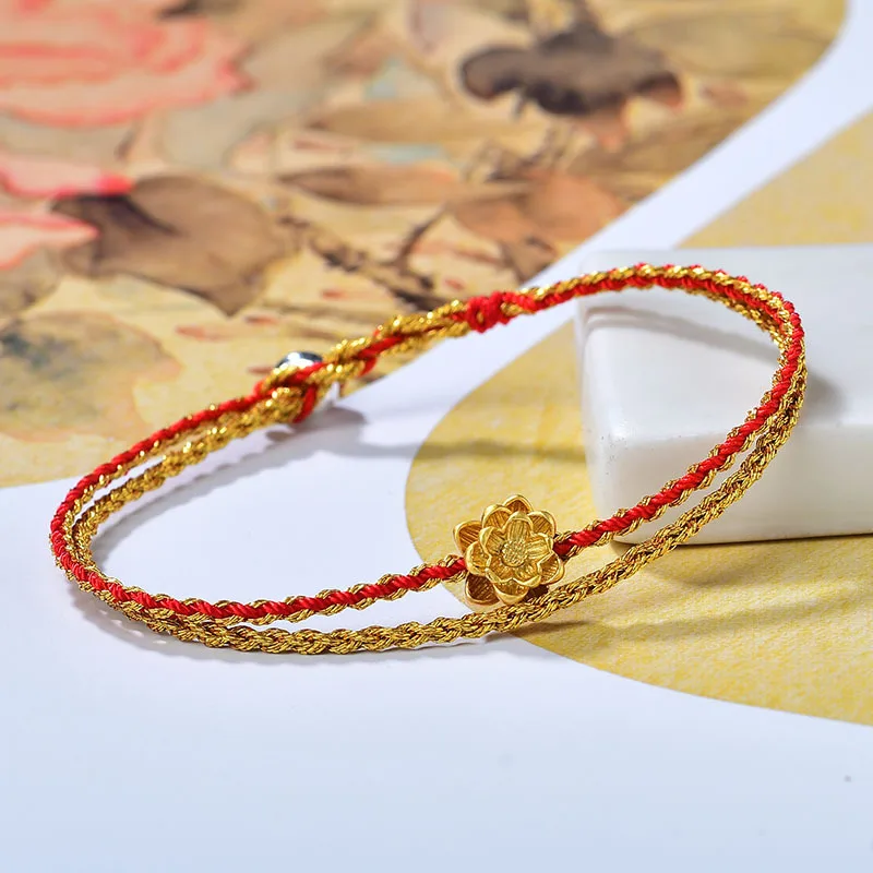 Hand-woven LuckY Lotus Red Rope Charming Bracelet Hand With Female Year Gold-plated Lotus Rope INS Style Niche Design Accessory