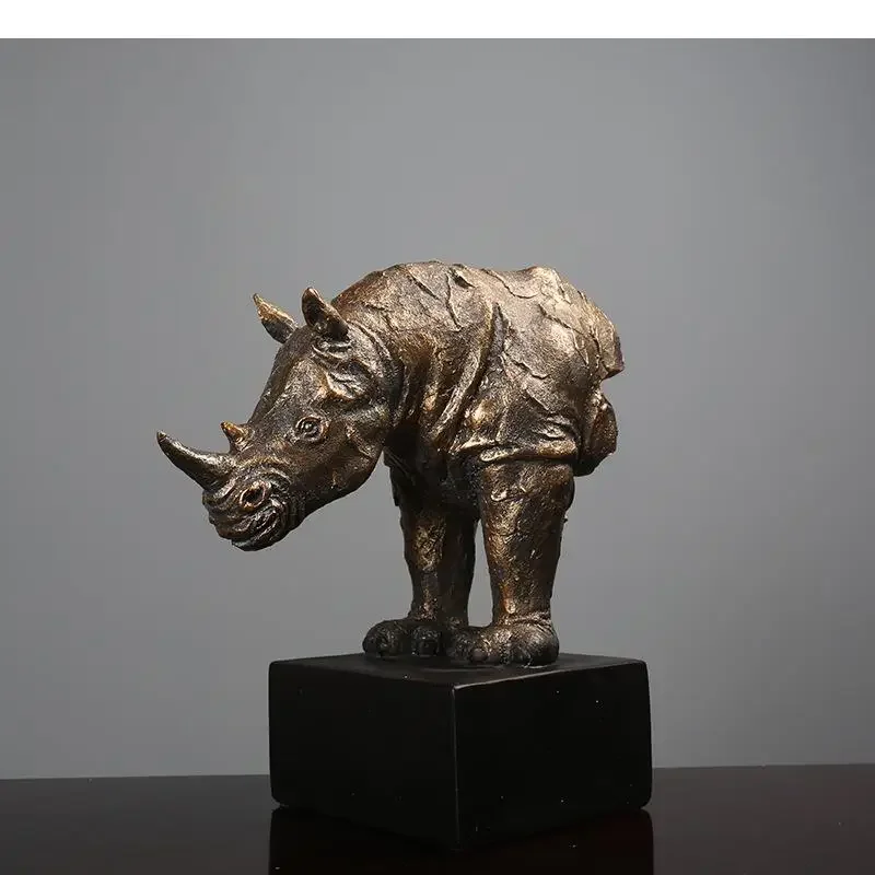 Resin Retro Rhino Animal Sculpture Office Decoration Living Room Desktop Ornament Wedding Gifts Home Decor Accessories