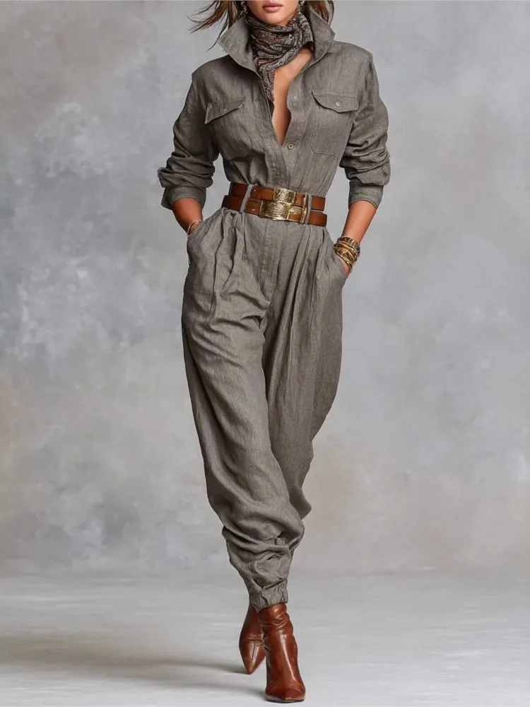 New Retro Solid Button Lapel Shirt Jumpsuits Woman Fashion High Waist Slim Bodysuits Romper Autumn Long Sleeve Pocket Overalls