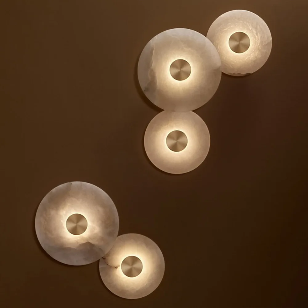 Modern Minimalist Spanish Natural Onyx Wall Lamp, Round Marble Sconce, Indoor Light for Villa Courtyard Bedroom Bedside